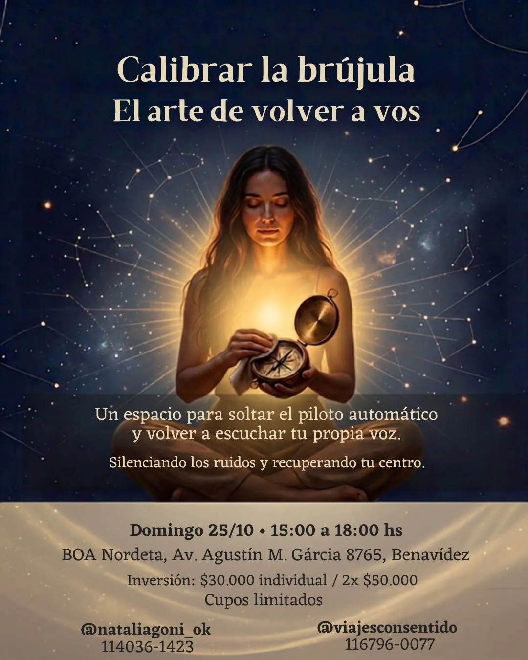 Flyer de Calibrar la brújula: una mujer sentada sostiene una brújula iluminada bajo un cielo de constelaciones, con la fecha, el lugar y el valor del encuentro